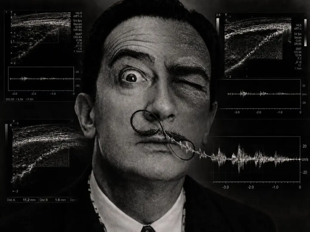 合成影像，中央是一位留著上翹八字鬍的男性黑白肖像，四周疊著多張超音波掃描畫面與血流波形圖。