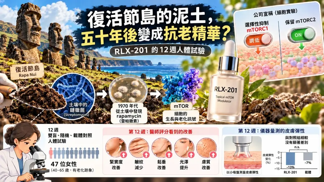 自製插圖。左邊是復活節島的摩艾石像與一把土，土裡的鏈黴菌經培養皿、mTOR 分子，接到一瓶標示 RLX-201 的精華；右上寫「公司宣稱（細胞實驗）」，mTORC1 開關調低、mTORC2 開關 ON。下方三格：47 位女性的 12 週雙盲載體對照試驗、醫師評分看到緊實度等五項改善，以及吸盤儀器量的皮膚彈性 RLX-201 −13%、載體 −7%，與對照組相較沒有顯著差別。