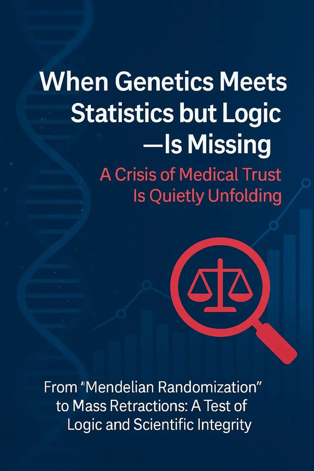 圖卡，深藍底上印著英文標題 When Genetics Meets Statistics but Logic—Is Missing，背景是 DNA 螺旋與長條圖，中央是一個放大鏡裡的天秤圖示，下方是副標文字。