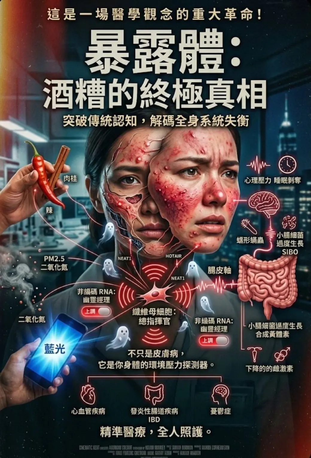 合成海報，中央是一張左右各半的臉，一半露出血管與發炎紋理，四周以線條連到辣椒、藍光、PM2.5、腸道菌、睡眠與情緒等圖示，下方寫著「精準醫療，全人照護」。