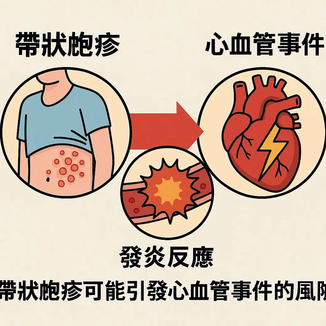 衛教插畫，米色底，左圖是軀幹一側的帶狀紅疹，中間圓圈是血管內的發炎反應，右圖是一顆畫著閃電的心臟，紅色箭頭由左往右串起，下方是中文說明句。