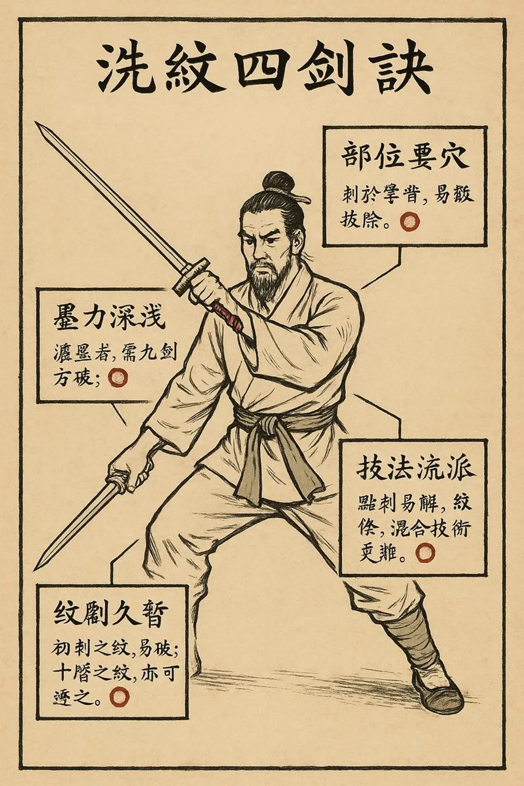 水墨風格插畫，一位持劍的古裝俠客居中，四周以四個方框寫著「部位要穴」「墨力深淺」「技法流派」「紋劇久暫」四項口訣與說明，上方標題寫著「洗紋四劍訣」。