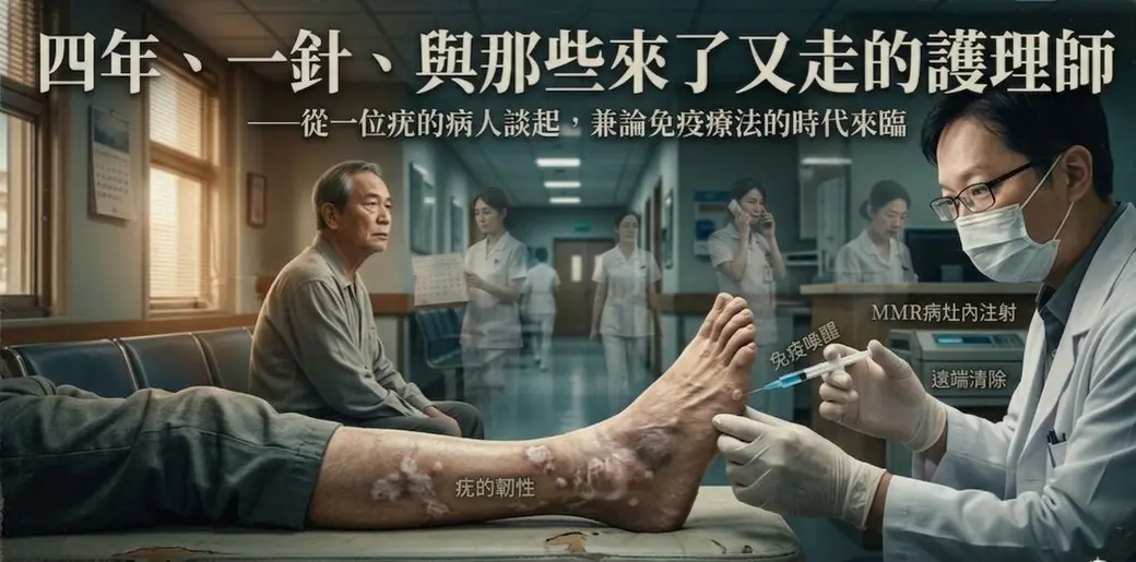 合成圖卡，醫院走廊的場景中一位長者坐著伸出一條腳，腳背上有多顆病灶，一位戴口罩的醫師正拿針筒注射，畫面上方是中文標題與副標。