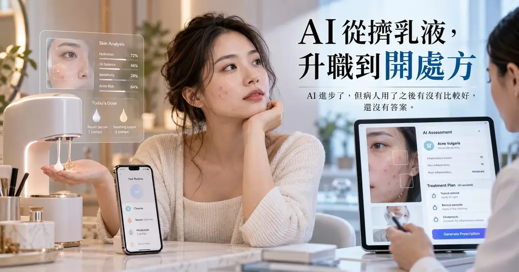 橫式示意圖：一位臉上有痘痘的年輕女性托著下巴思考；左邊是一台把精華液與乳液擠到掌心的保養機器，旁邊浮著肌膚分析的數值面板與手機上的保養步驟；右邊是一台平板顯示 AI 判讀痘痘嚴重度與外用藥建議，一位醫師拿筆在看。右上大字標題「AI 從擠乳液，升職到開處方」，副標「AI 進步了，但病人用了之後有沒有比較好，還沒有答案。」