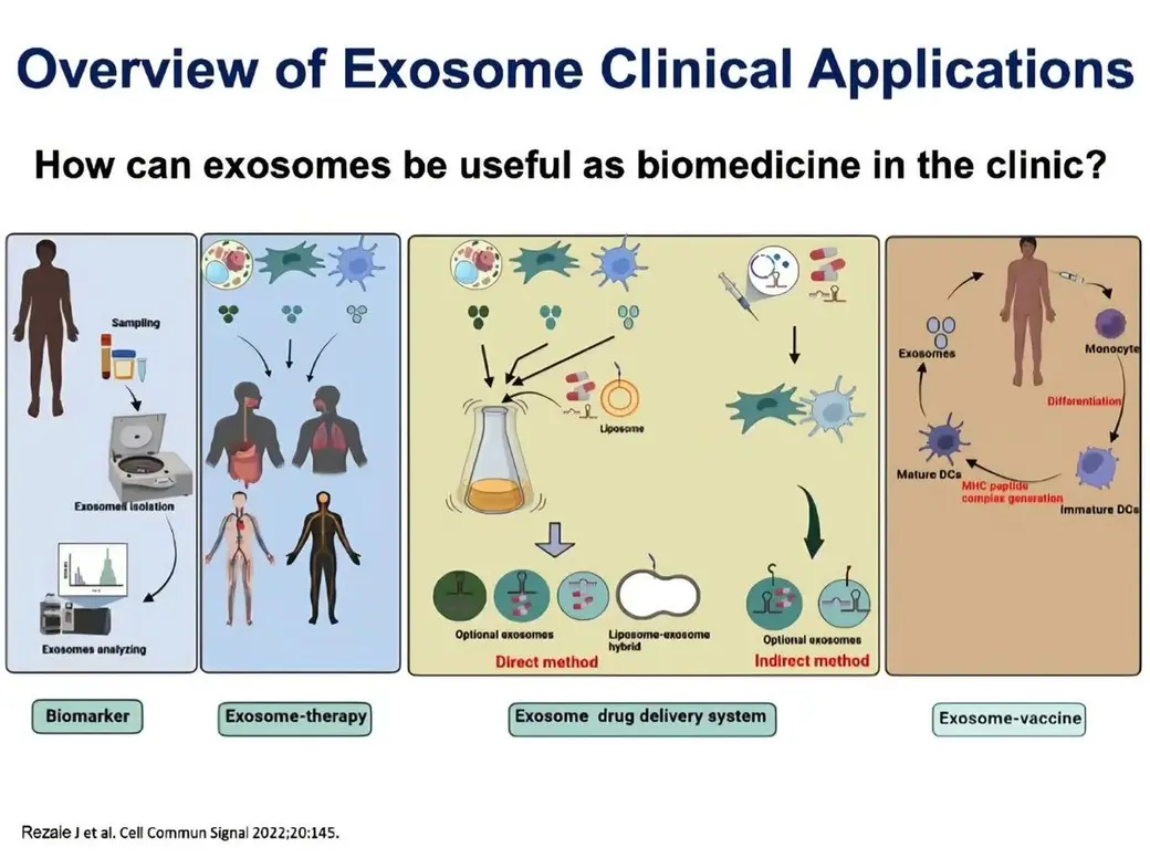 投影片翻拍，標題 Overview of Exosome Clinical Applications，四格圖示由左至右說明外泌體作為生物標記、治療、藥物遞送系統與疫苗的流程，下方是文獻出處。