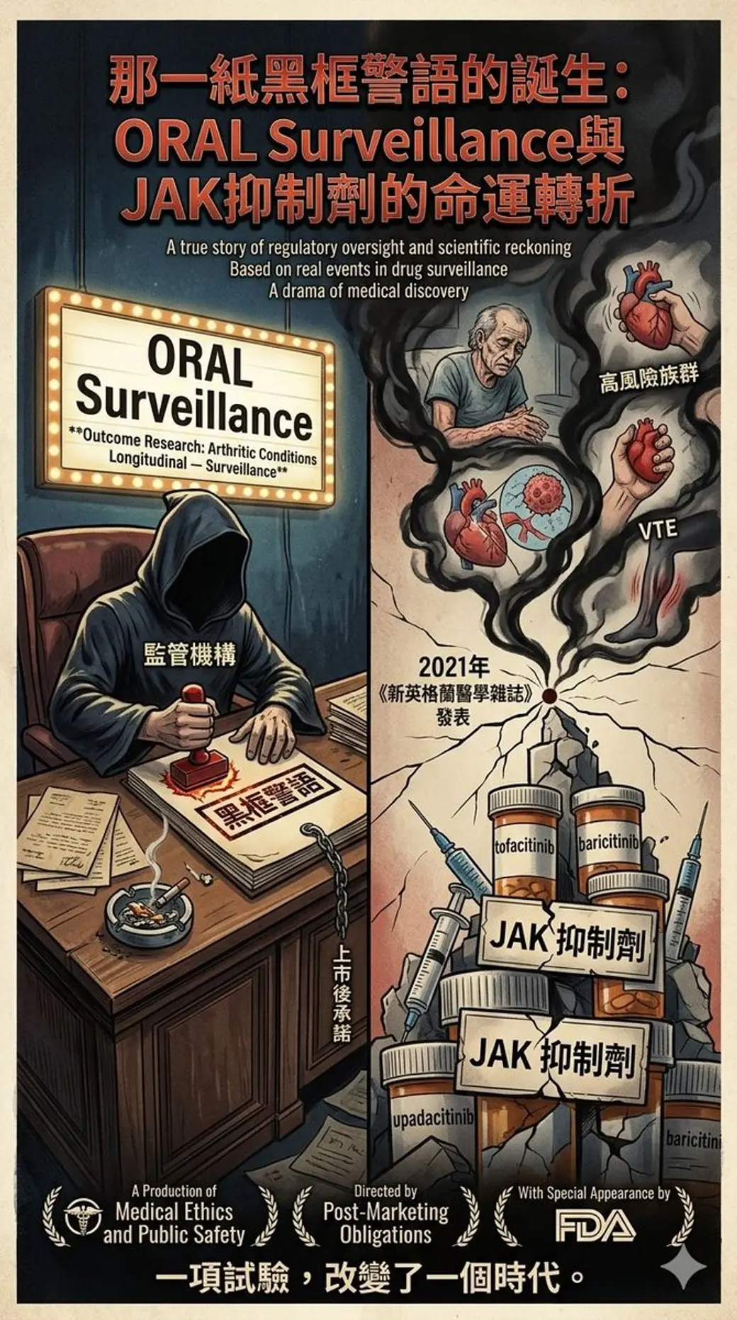 仿電影海報的合成圖，左半是一個戴兜帽的人在辦公桌前蓋下「黑框警語」的印章，右半是堆疊的藥罐、針筒與心臟血管圖，上方是中文標題與英文副標，下方以影展獎項的形式列出監管相關字樣。