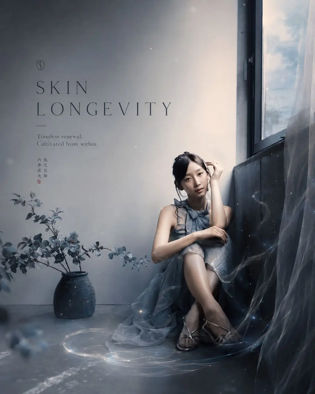 帶著霧氣與微光的影像，左上寫著 SKIN LONGEVITY，副標為 Timeless renewal. Cultivated from within.