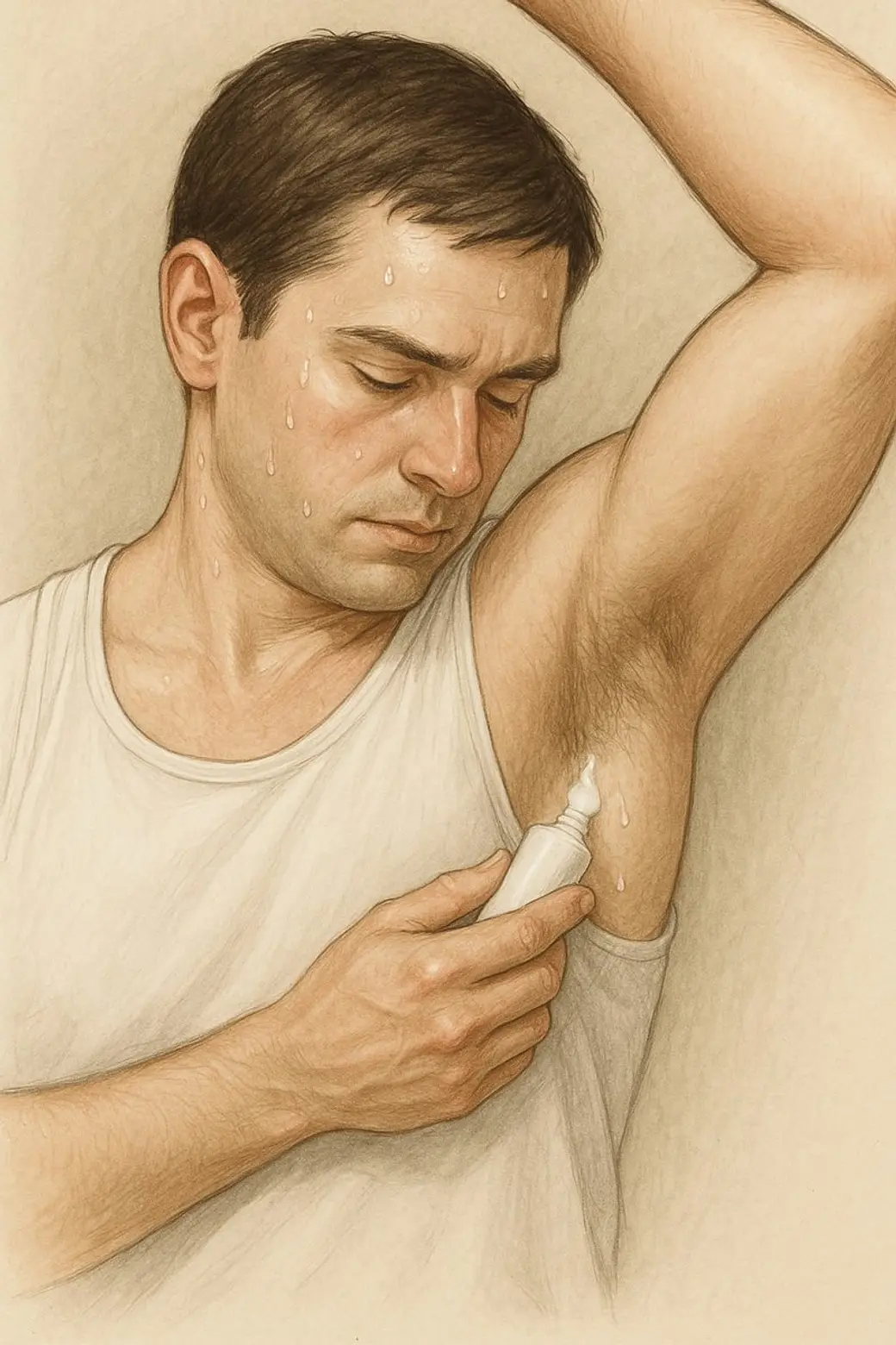 素描風格插畫，一位穿白色背心的男性抬起手臂，腋下與臉上都是汗珠，另一隻手正拿著一支噴瓶往腋下噴。