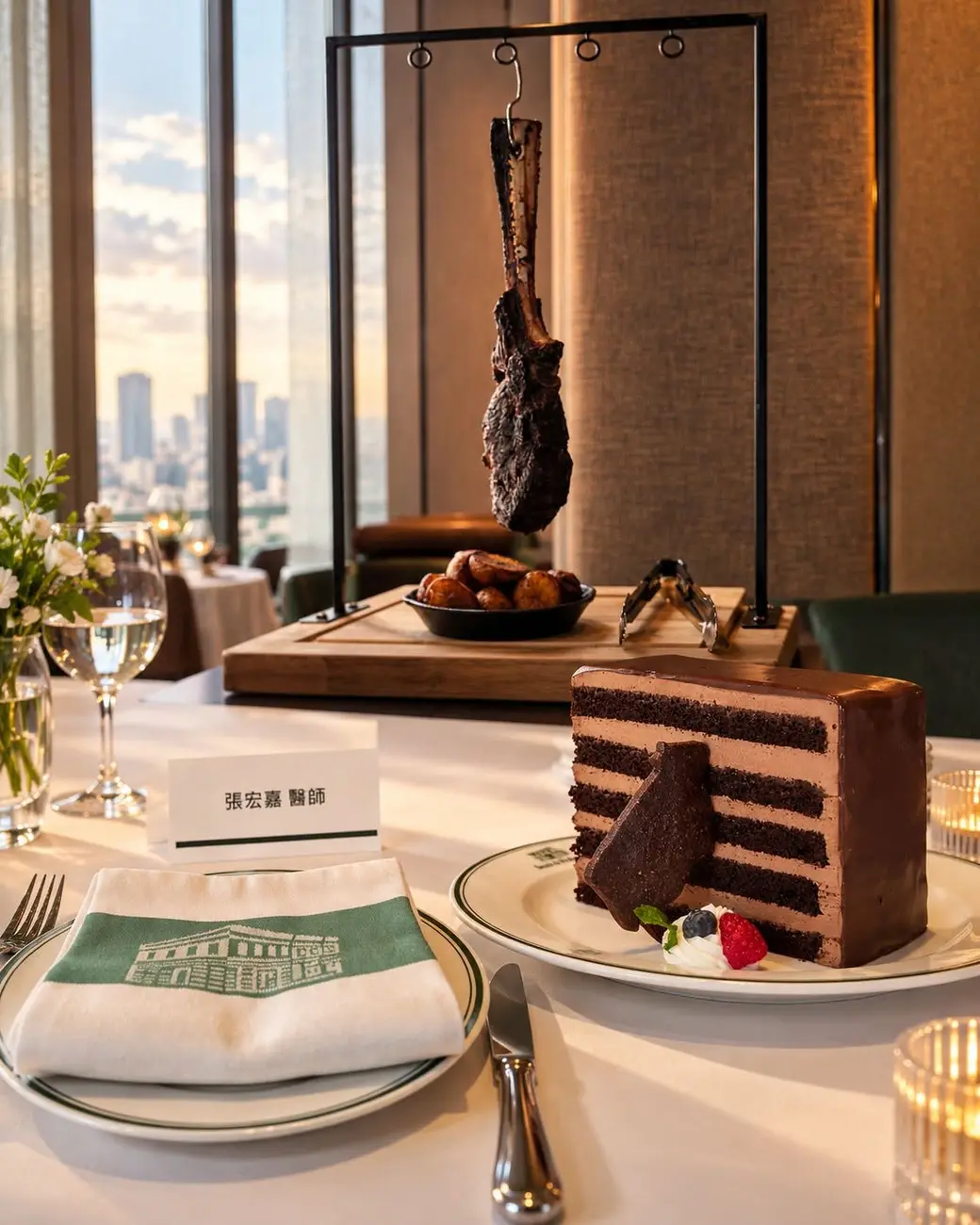 Smith & Wollensky 的桌邊，掛著的戰斧牛排與厚厚一塊巧克力蛋糕。
