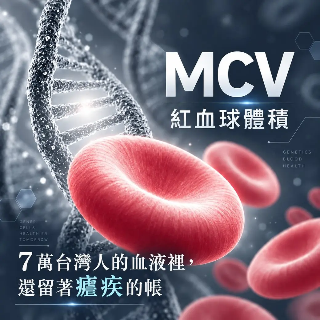 一張紅血球特寫的合成插圖，背景是DNA雙股螺旋，右上角標示「MCV 紅血球體積」，下方寫著「7萬台灣人的血液裡，還留著瘧疾的帳」。