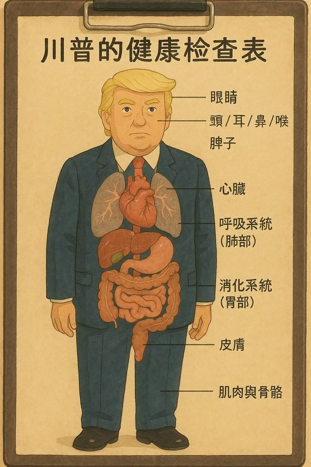 插畫，一塊木夾板上夾著一張圖表，畫著一位西裝男性的全身與體內器官，右側以引線標出眼睛、心臟、呼吸系統、消化系統、皮膚、肌肉與骨骼，上方寫著「川普的健康檢查表」。