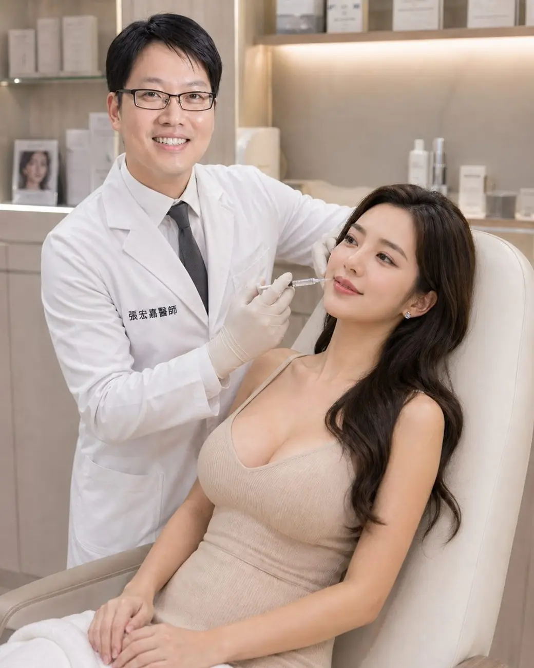 診間情境照片，一位穿白袍的醫師拿著針筒替坐在診療椅上的女性進行臉部注射，背景是產品陳列櫃。