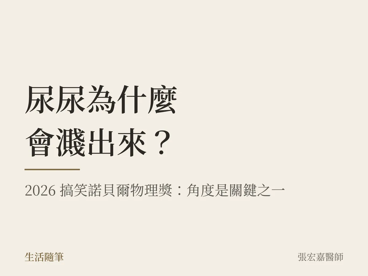 本站自製的問題卡：米色底，深色大字寫著「尿尿為什麼會濺出來？」，下方一行小字「2026 搞笑諾貝爾物理獎：角度是關鍵之一」。
