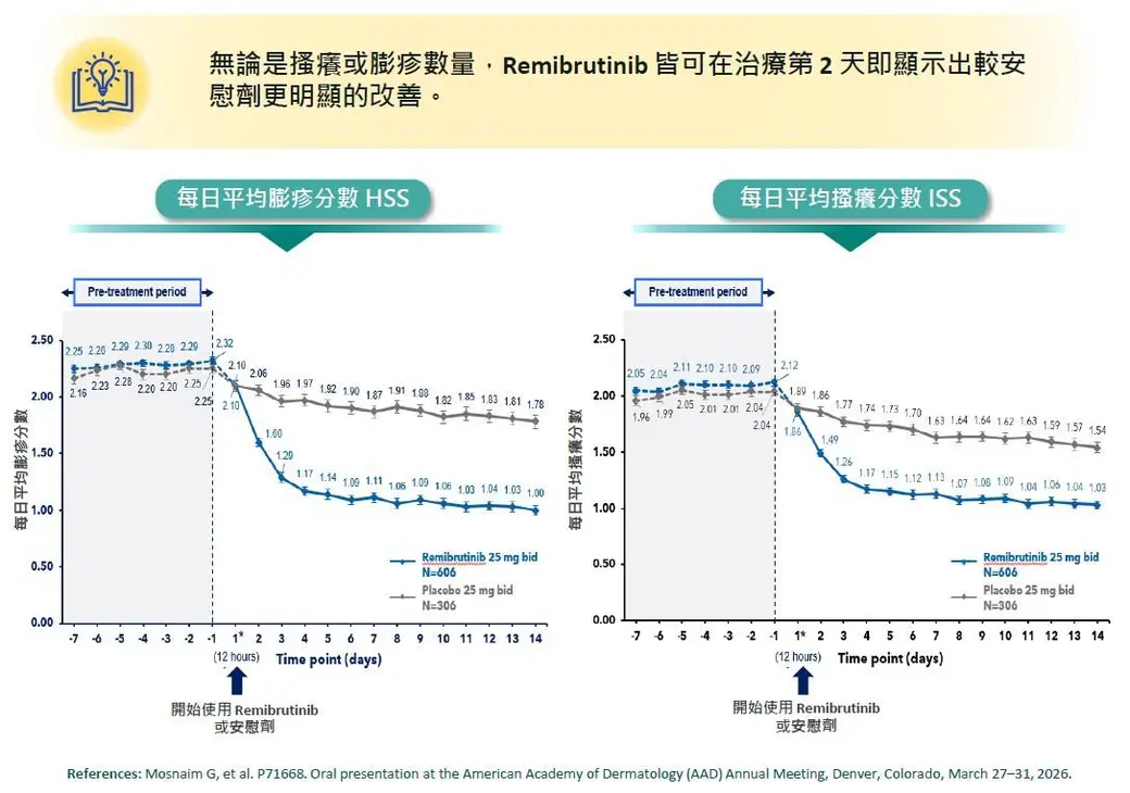 投影片截圖，上方黃色說明條，下方並排兩張折線圖，比較用藥組與安慰劑組在十四天內每日平均膨疹分數與搔癢分數的變化，下方是英文文獻出處。