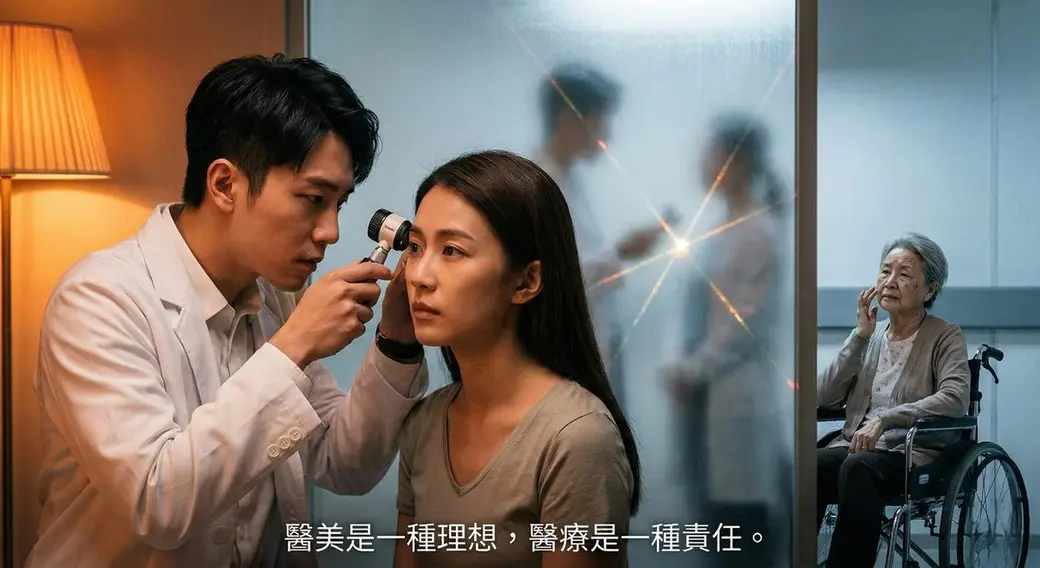 合成情境圖，左半是一位白袍醫師拿著皮膚鏡替一位女性檢查臉部，右半是一位長者坐在輪椅上摸著臉，中間隔著霧面玻璃，下方寫著「醫美是一種理想，醫療是一種責任。」