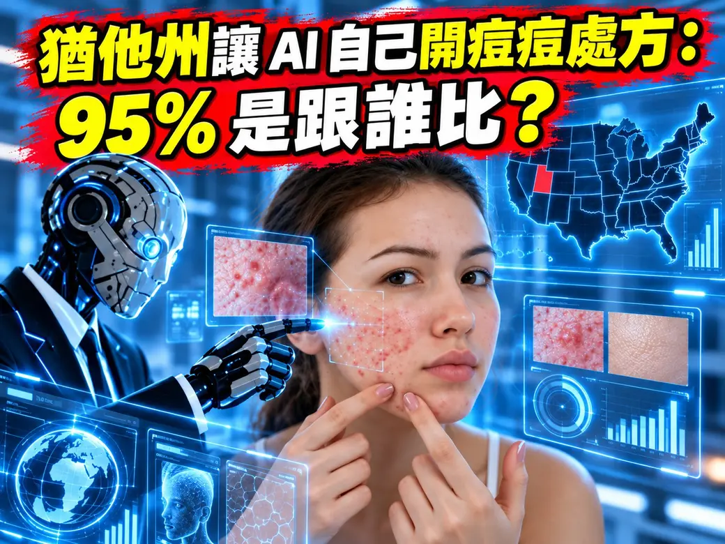 張宏嘉醫師自製的封面示意圖：上方紅底大字標題「猶他州讓 AI 自己開痘痘處方：95% 是跟誰比？」；畫面中央一位年輕女性手指輕按臉頰，臉頰上有痘痘與紅疹，旁邊浮著一個掃描框與放大的皮膚影像；左側一個穿西裝的機器人伸手指向她的臉；右側是美國地圖，猶他州以紅色標出，下方有幾個皮膚影像與圖表面板。