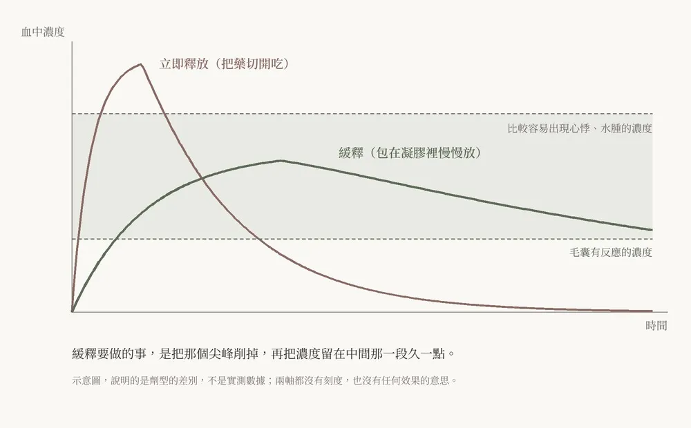 示意圖：橫軸是時間、縱軸是血中濃度，兩軸都沒有刻度。兩條水平虛線標出「比較容易出現心悸、水腫的濃度」與「毛囊有反應的濃度」，中間淡綠色的帶狀是想要停留的區間。棕色那條「立即釋放（把藥切開吃）」很快衝到高點、越過上面那條線，然後快速掉到下面那條線以下；綠色那條「緩釋（包在凝膠裡慢慢放）」上升得慢、高點低得多，但長時間停在兩條線中間。