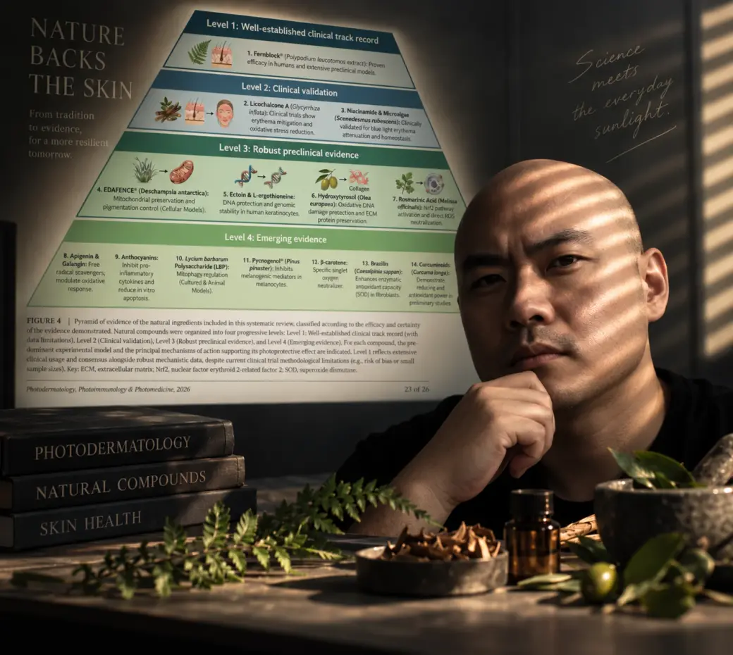 深色背景合成圖，右側是一位皮膚科醫師手托下巴看著鏡頭，左側疊著論文原圖「證據金字塔」（四層天然成分分級圖），桌上散落書本、乾燥藥草與精油瓶，畫面左上角寫著「NATURE BACKS THE SKIN」。