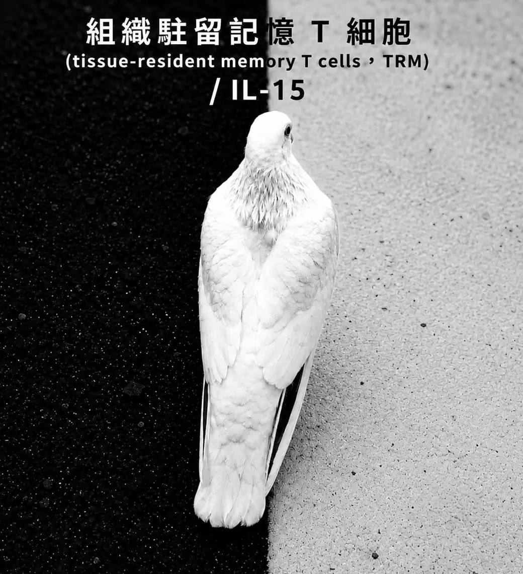 一隻白鴿站在黑白交界的地面上，上方寫著「組織駐留記憶 T 細胞（tissue-resident memory T cells，TRM）／ IL-15」。