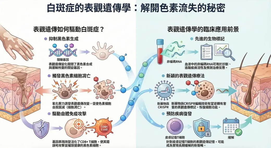 自製資訊圖，左右兩欄：左欄用皮膚剖面與細胞插圖說明表觀遺傳如何抑制黑色素生成、觸發細胞凋亡與驅動自體免疫攻擊；右欄列出生物標記、CRISPR 療法與預防復發三項應用前景。