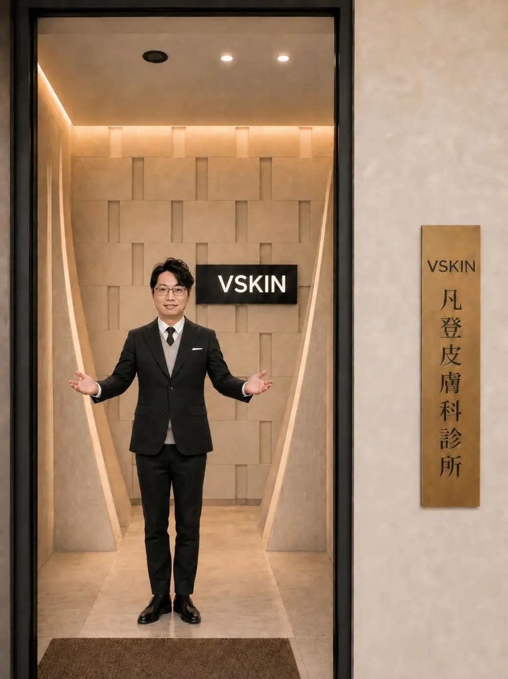 張宏嘉醫師站在診所門口張開雙臂，身後是 VSKIN 的招牌，右側銅牌寫著「VSKIN 凡登皮膚科診所」。