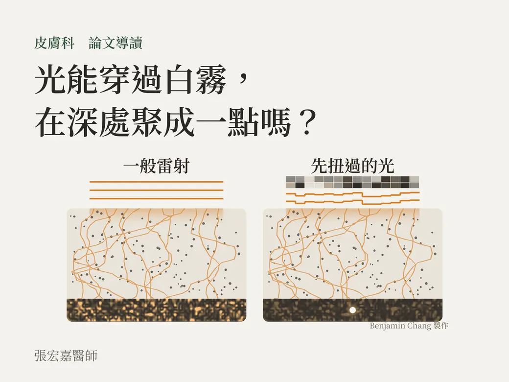 米白底的機轉卡，左邊一束平行的雷射進入一團白霧後，在深處散成斑駁的散斑；右邊同樣的光先經過一片亂碼般的像素格，在白霧裡走一樣彎折的路，深處聚成一個小亮點，周圍仍有淡淡散斑。