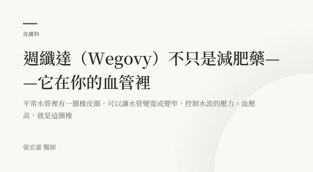 排版式文字封面，米白底，左上角有綠色短線與「皮膚科」標示，副標把血管比喻成有一圈橡皮圈的水管，左下角署名張宏嘉醫師。