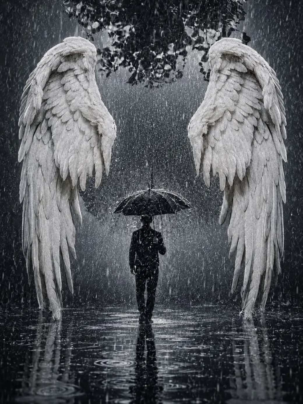 雨中撐傘走過的人，身後是一對巨大的翅膀。